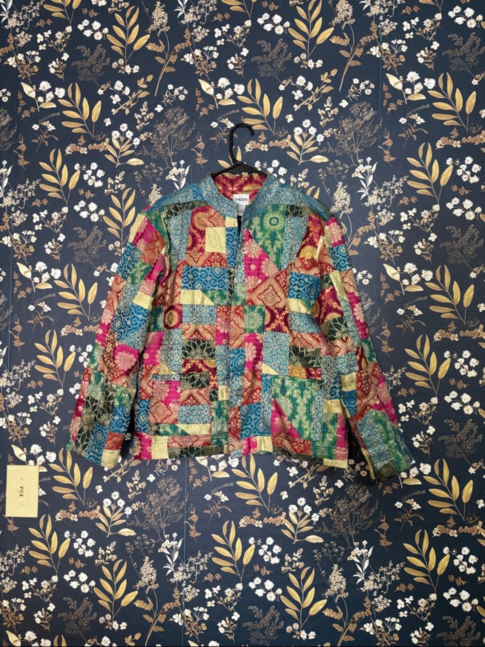 Vintage Chico's Rich Teal and Magenta Brocade Jacket Gold Accents Unique 3 XL